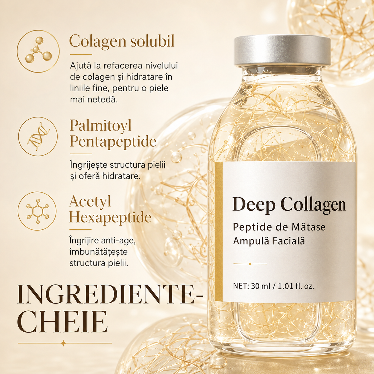 Fiolă cu colagen intens, peptide de mătase, 30 ml
