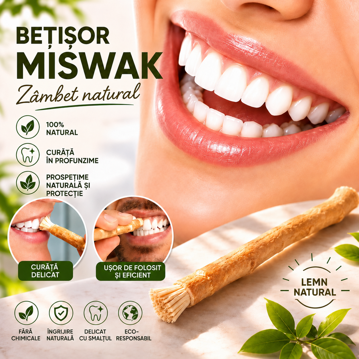 Periuță de Dinți Naturală Miswak – Curățare Fără Pastă de Dinți